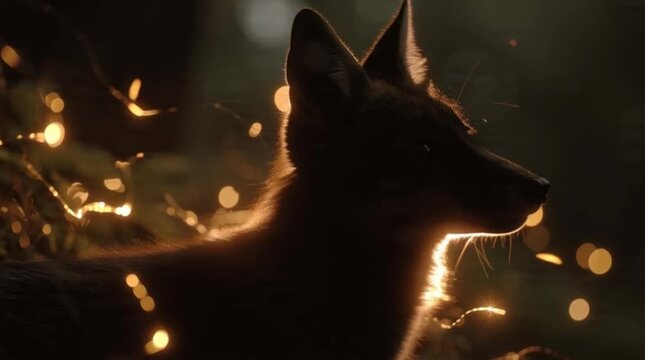 Mysterious fox silhouette profile glowing with warm firefly lights