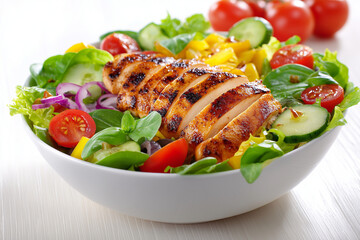 Vibrant bowl of fresh mixed salad featuring grilled chicken, colorful vegetables, and variety of greens, creating healthy and appetizing meal