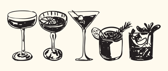 Black Vintage Cocktail Drinks Set Illustration