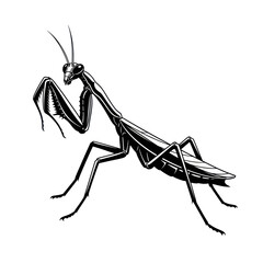 Detailed black and white illustration of a praying mantis.