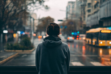 Person stands by window, gazing out at rainy cityscape. scene captures moment of reflection, with blurred lights and raindrops creating moody atmosphere