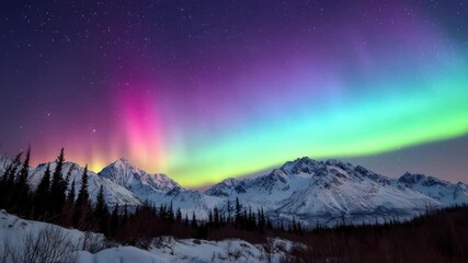 Witness the vibrant colors of the northern lights illuminating the snow-covered mountains under a starry sky in Alaska during winter nights - Powered by Adobe