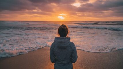 Person stands on sandy beach, gazing at stunning sunset over ocean. waves gently lap at shore, creating serene atmosphere filled with warmth and tranquility