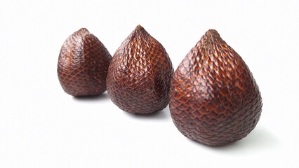 Three salak or snake fruit. Three salak fruits (Salacca zalacca) displayed against a plain background. Each fruit features a distinctive reddish-brown scaly skin, resembling snake scales
