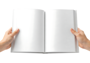 Hands holding open blank white book pages with copy space image