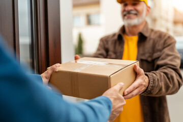 Delivery courier hands over cardboard package to recipient at residential door, showcasing friendly interaction. scene conveys sense of convenience and service