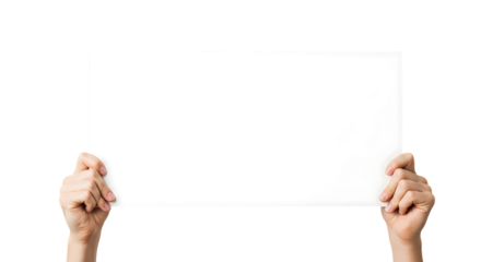Hands holding blank white rectangle sign against black image