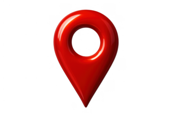 Red glossy 3d location pin icon signifying destination, navigation, mapping, and a specific check-in point. Transparent background
