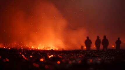Silhouetted figures observe a dramatic glowing inferno with embers and falling ash