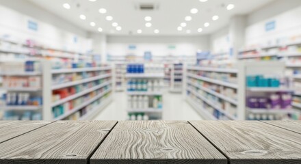 Empty wooden table top with blurred pharmacy store as background
