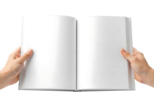 Hands holding open blank white book pages with copy space image