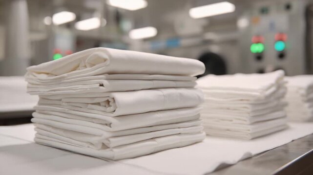 Close-up of neatly stacked white linens on a stainless steel surface, laundry room background