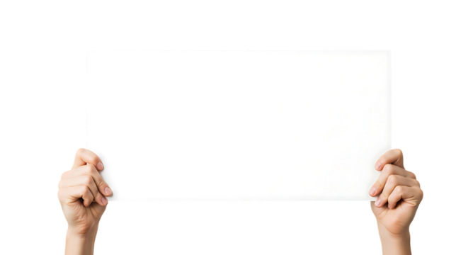 Hands holding blank white rectangle sign against black image