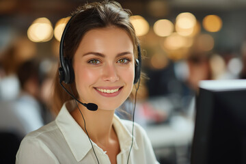 Customer service agent wearing headset, smiling, and providing assistance in busy office environment. atmosphere is friendly and professional, showcasing effective communication skills