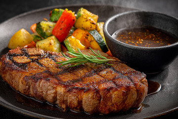 Perfectly grilled steak served with colorful roasted vegetables and flavorful dipping sauce, creating mouthwatering and appetizing presentation. dish is garnished with fresh herbs, enhancing its