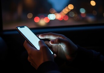 Closeup of hands holding a smartphone in a dark car at night, the screen glowing brightly and reflecting on the fingers