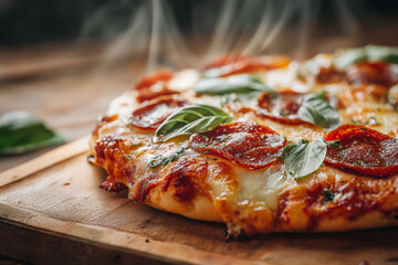 Delicious homemade pizza with melted cheese, pepperoni, and fresh basil leaves, served hot on wooden board, creating mouthwatering aroma that invites everyone to enjoy