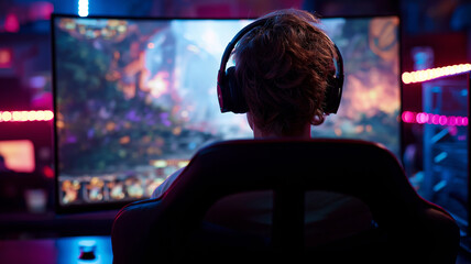 Gamer focused on vibrant screen, wearing headphones, immersed in exciting gaming experience. colorful lights create engaging atmosphere, enhancing overall enjoyment