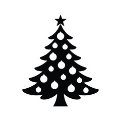 Simple black silhouette of a decorated christmas tree with star
