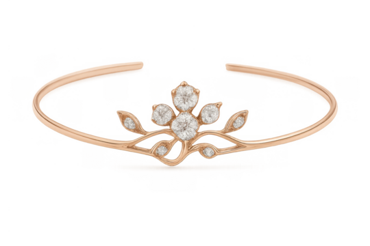 Rose gold diamond bracelet featuring a delicate floral leaf design, a luxurious open cuff bangle accessory a symbol of elegance - Powered by Adobe