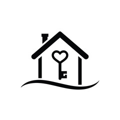 Heart shaped key inside a simple house outline icon