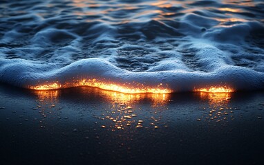 Golden Sunset Wave Breaking on Shore with Tranquil Beach Scene, and Coastal Beauty.
