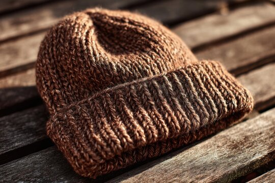 Cozy knitted brown beanie ideal for winter outdoor activities and stylish cold weather fashion in a rustic setting