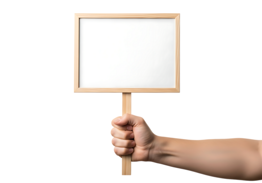 Hand holding blank wooden framed sign on white