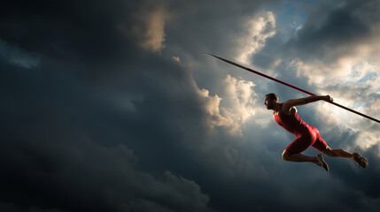 An athlete launching a javelin with maximum force, body stretched, dramatic sky background, explosive sports motion.