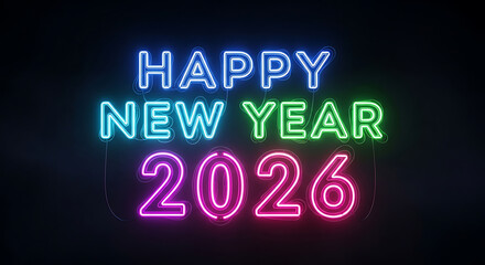 Bright and Colorful Neon Sign Wishing Happy New Year 2026 on Dark Background