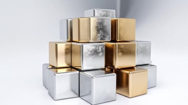 A stack of metallic cubes, gold and silver, arranged into a pyramidal structure, minimalist design