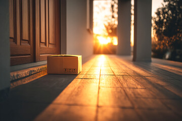 Delivery parcel rests at doorstep during sunset in residential area Generative AI