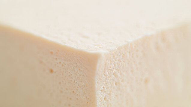 A soft block of tofu is placed on a clean countertop, highlighting its texture and pale hue. The atmosphere is cozy as sunlight streams into the kitchen space, creating a homely vibe
