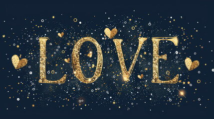 Blue background with word Love decorated with silver and golden highlights. Mockup for designs Happy Valentine's Day greeting cards. Copy space.