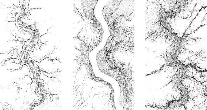 Three abstract black and white ink drawings of winding rivers and branching tributaries vector