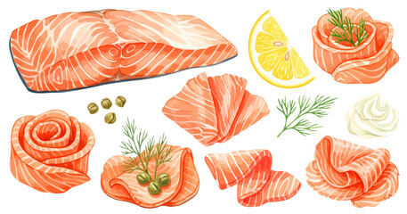 スモークサーモンと食材のセット（レモン・ケッパー・ディル）,海鮮,洋食,デリ,高級食材,水彩,リアル