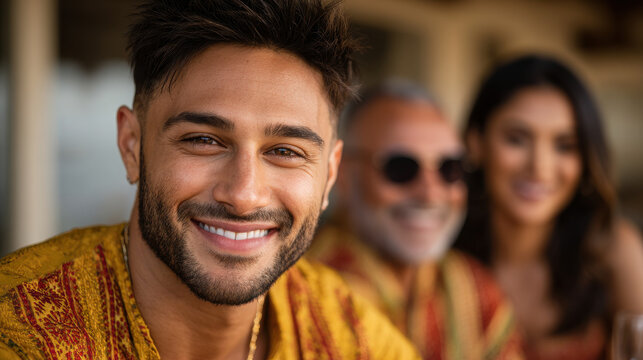Joyful interfaith Indian wedding celebration featuring vibrant attire and smiling faces, capturing essence of love and unity