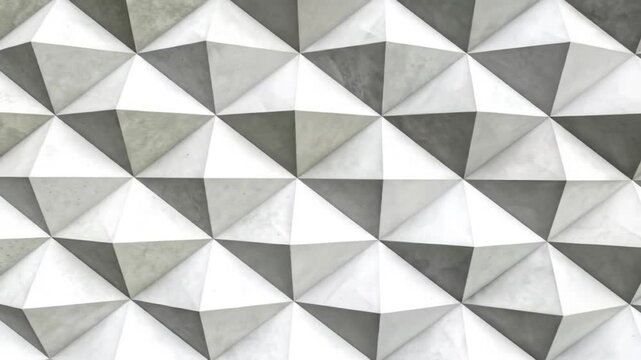 A geometric abstract pattern composed of repeating three-dimensional gray and white triangular shapes
