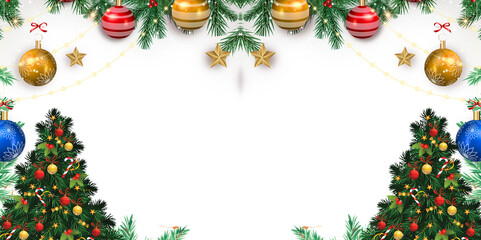 christmas frame with fir branches and decorations with bauble hangings  and christmas trees and fir with lights background for greeting card invitation card 