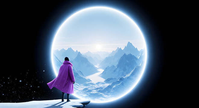 Futuristic Portal Revealing Snowy Mountain World
Lone Explorer Facing Glowing Circular Gateway
Surreal Sci-Fi Winter Landscape Scene.