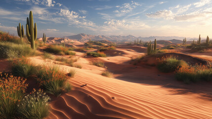 AI-generated image - A serene desert landscape with soft sand dunes, cacti, and wildflowers illuminated by warm golden sunlight, creating a peaceful natural scene suitable for nature and travel themes