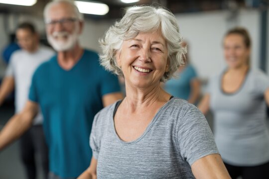 Active seniors participate in a fun group exercise class in a community fitness center during a sunny morning - Powered by Adobe