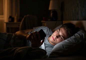 Fototapeta premium A young man lies in bed at night, illuminated by the blue light of his smartphone, engrossed in content while struggling to sleep, highlighting the impact of screen time on rest