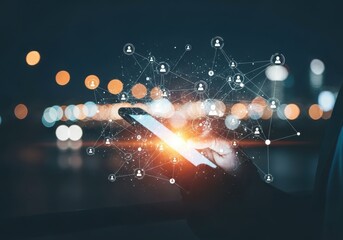 Closeup of a hand holding a smartphone with a glowing network of connections and user icons emanating from the screen, symbolizing global connectivity