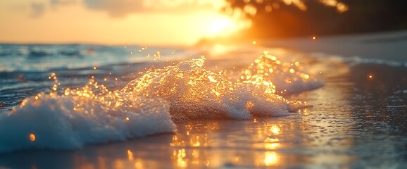 Golden Sunset Waves Crashing on Beach with Tropical Paradise, Ocean Shore, and Bliss.