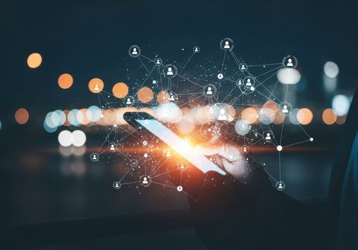 Closeup of a hand holding a smartphone with a glowing network of connections and user icons emanating from the screen, symbolizing global connectivity - Powered by Adobe
