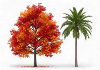 Vibrant autumn leaves on a maple tree with a lush green palm tree, capture the essence of diverse landscapes and seasons, ideal for nature-themed designs and tropical contrasts