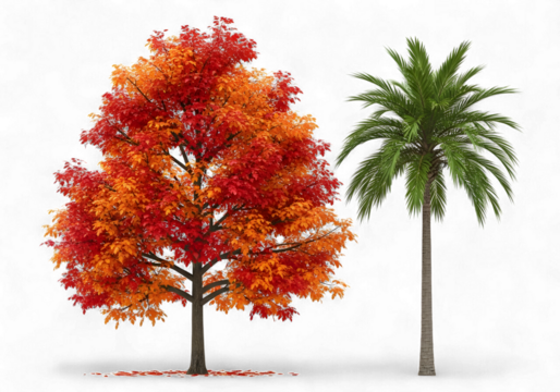 Vibrant autumn leaves on a maple tree with a lush green palm tree, capture the essence of diverse landscapes and seasons, ideal for nature-themed designs and tropical contrasts
