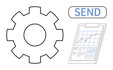 Gear, analytics clipboard, and send button highlighting workflow, data analysis, and communication. Ideal for automation, productivity, strategy technology planning reporting teamwork. A simple