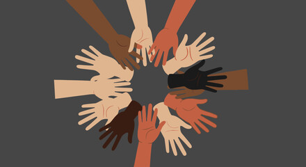 A diverse group of hands, with varying skin tones, are joined together in a circle, symbolizing unity and collaboration.